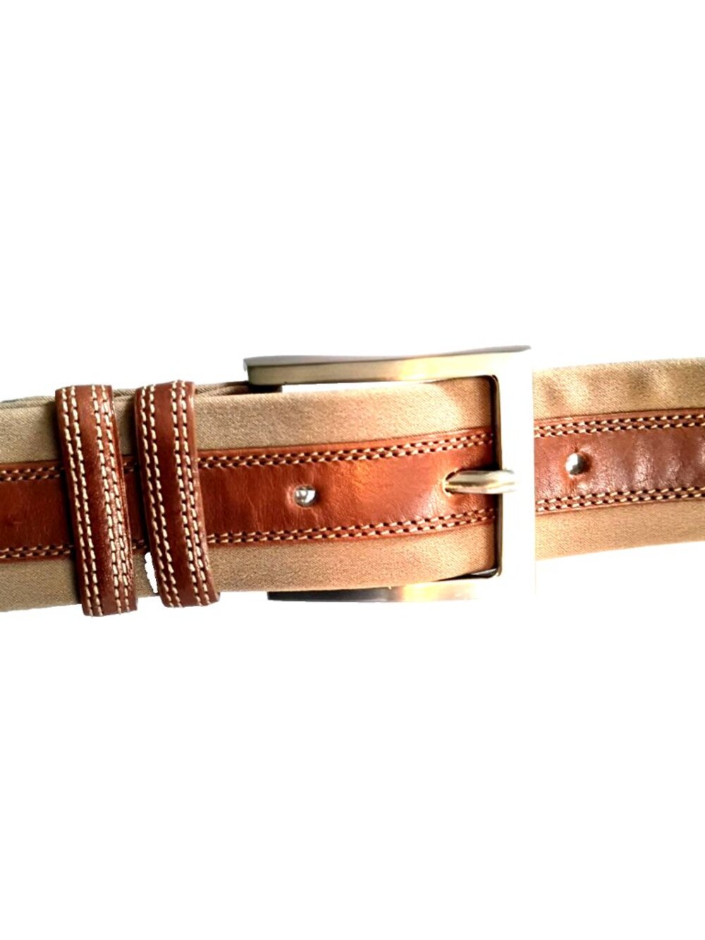 MEZLAN Men's Belt Two Tone Tan Leather Overlay on Beige Fabric Spain Casual - 38